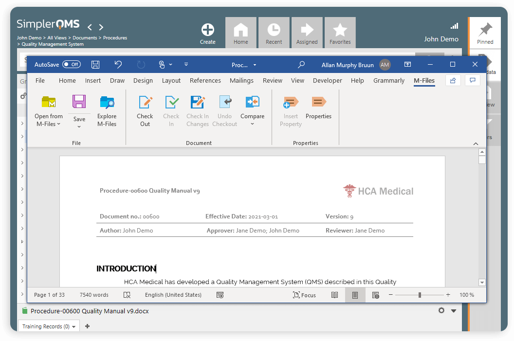 SimplerQMS Document Control Software Interface