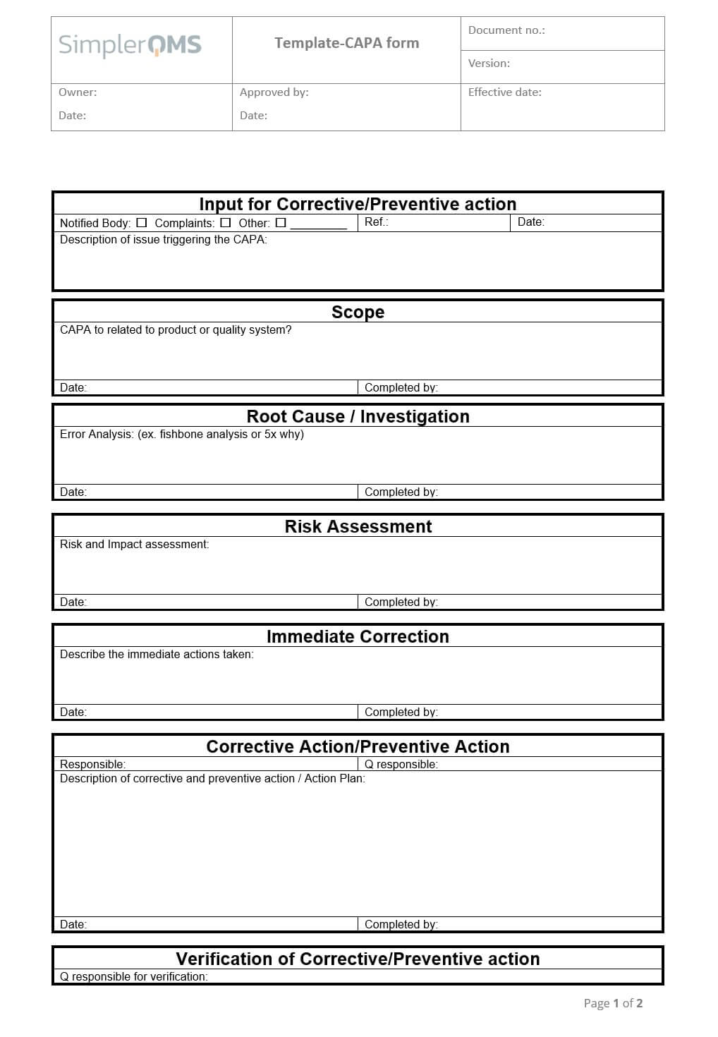 Corrective And Preventive Action CAPA Form Template SimplerQMS