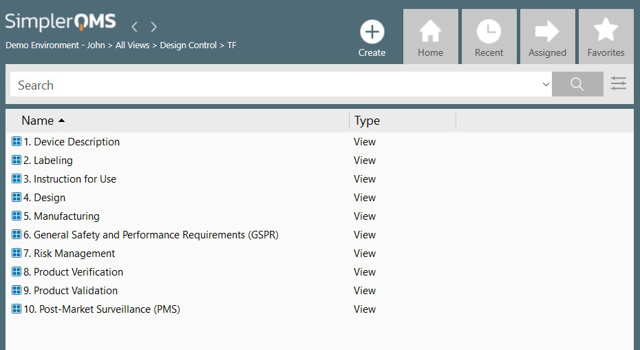 SimplerQMS Medical Device Technical File View