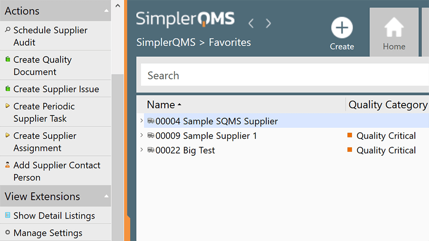 Supplier Management Actions List in SimplerQMS
