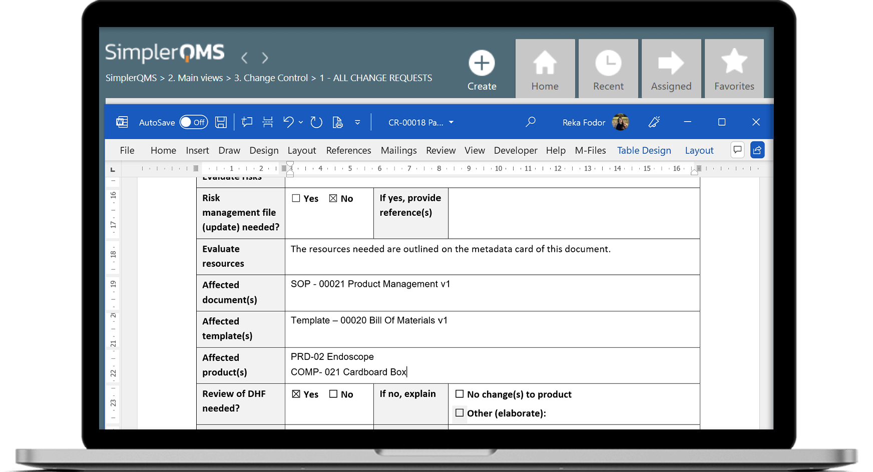 Change Request Document in SimplerQMS