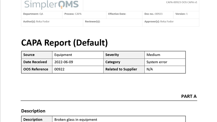 OOS CAPA Report Form in SimplerQMS