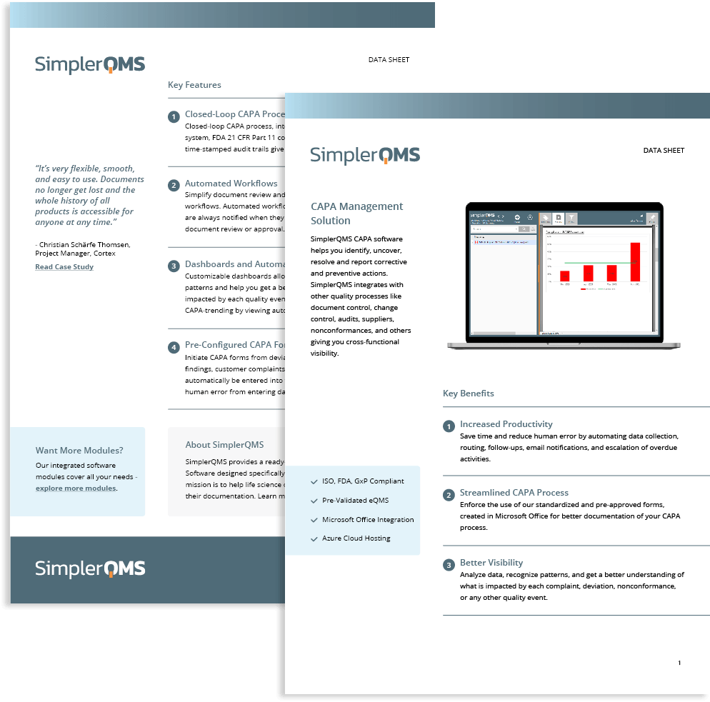 SimplerQMS CAPA Management Data Sheet Preview