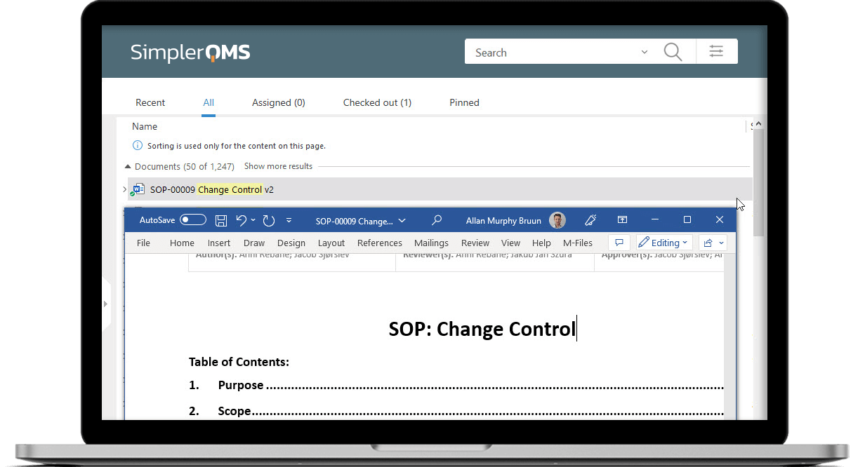 SOP Being Edited Inside SimplerQMS Using a Laptop
