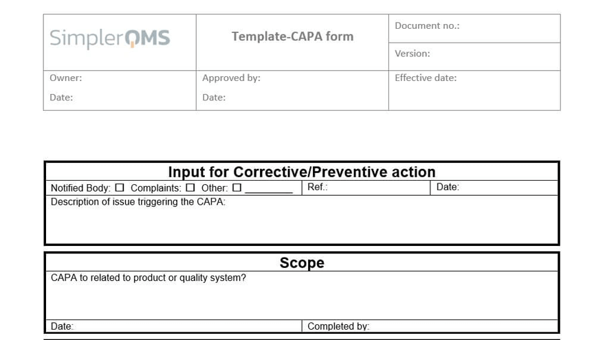 Blank CAPA Form Template from the SimplerQMS Template Package