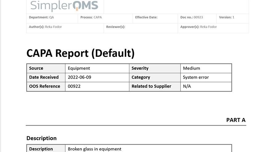 Filled CAPA Report Form in SimplerQMS Platform