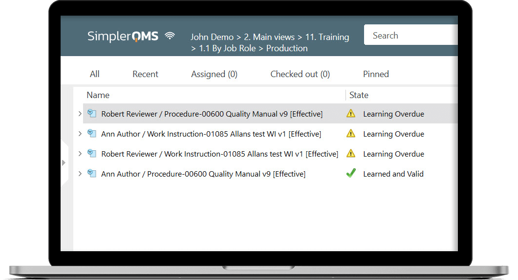Training Activities Status in SimplerQMS Installed on a Laptop