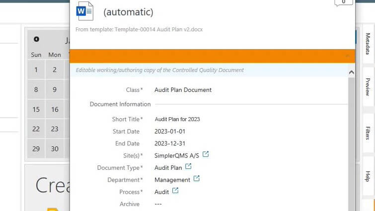 Audit Plan Document Metadata Card in SimplerQMS
