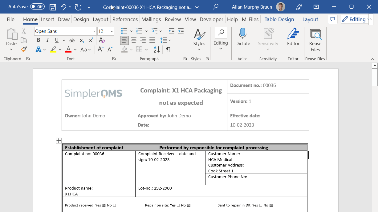 Complaint document being edited in Word