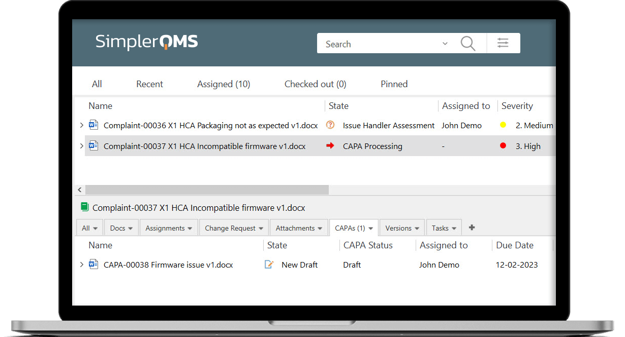 Complaint list in SimplerQMS