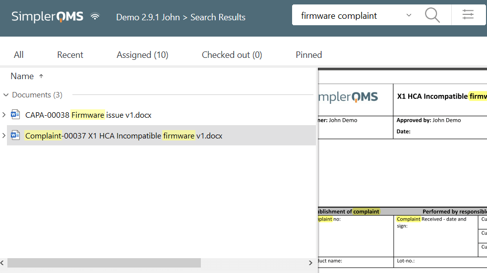 Complaint file search results