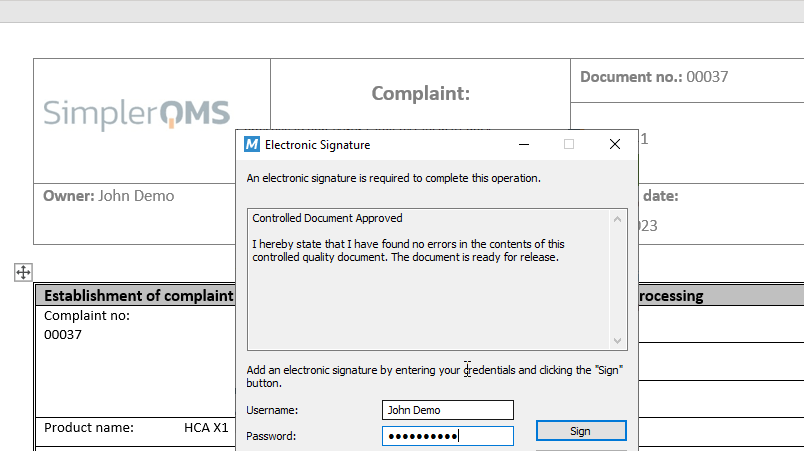Signing a complaint document with an electronic signature