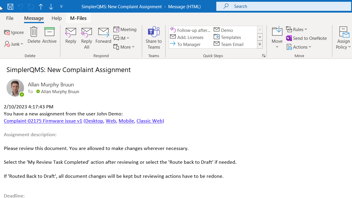 Automated complaint task email notification
