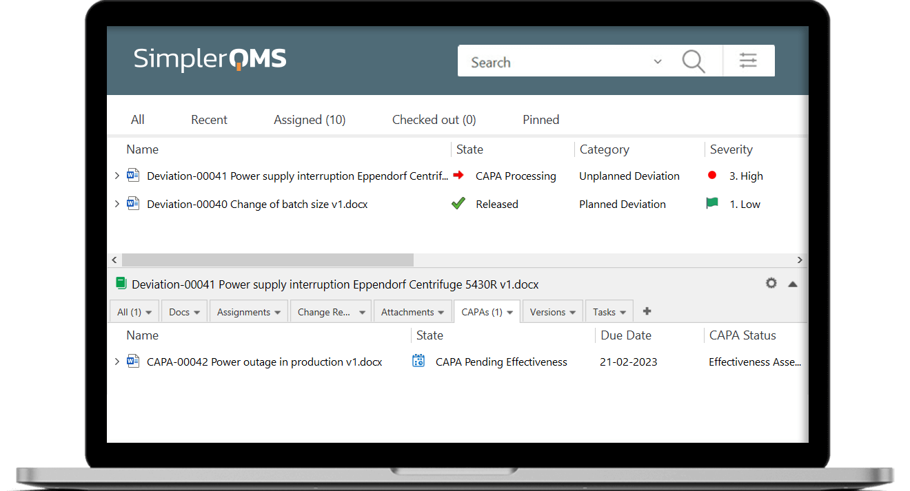 Deviation List in SimplerQMS (Laptop)