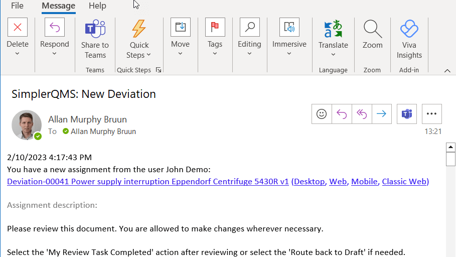 Email Notification Regarding Deviation Assignment