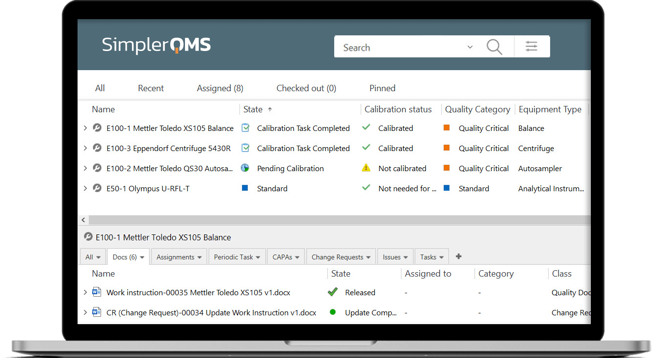 Equipment List in SimplerQMS