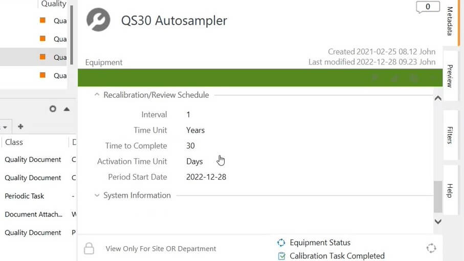Autosampler Equipment Recalibration Review Tasks in the Metadata Card