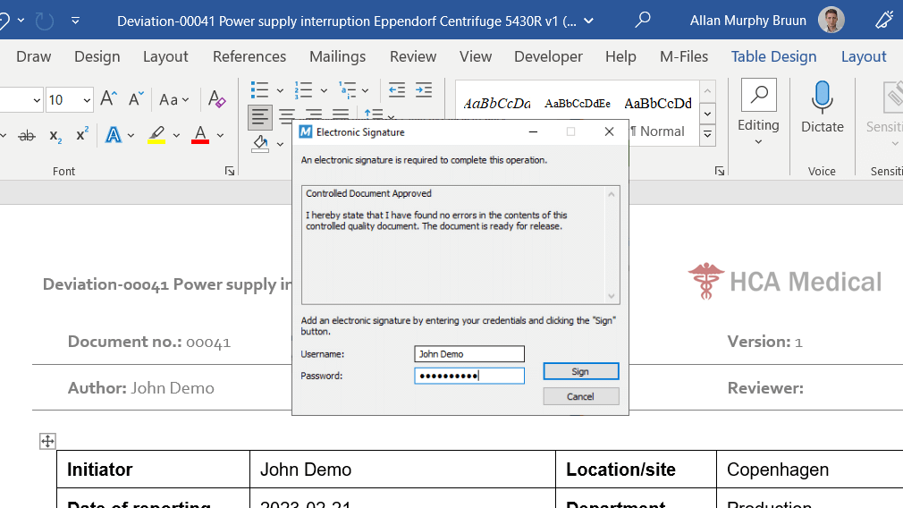 Signing Deviation Document With an Electronic Signature