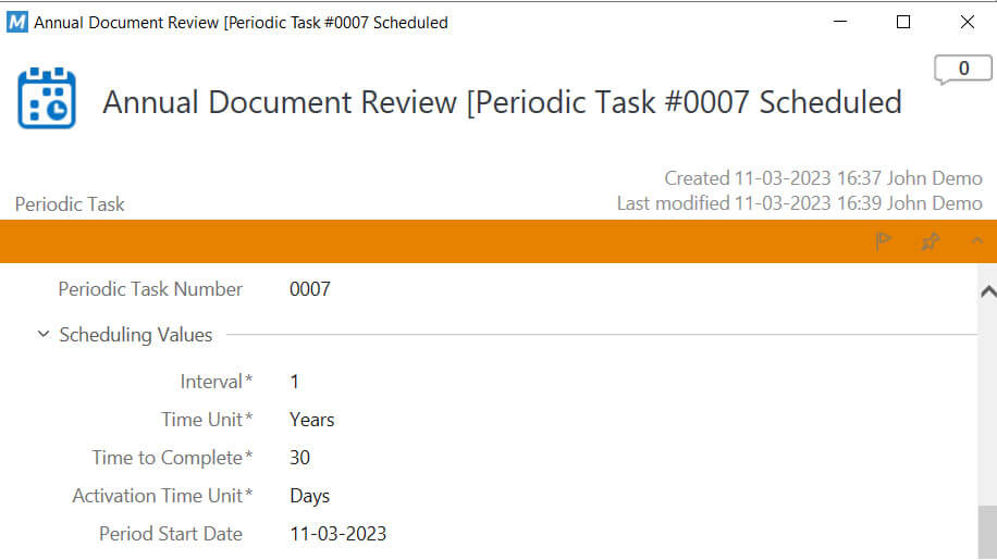 Annual document review periodic task metadata