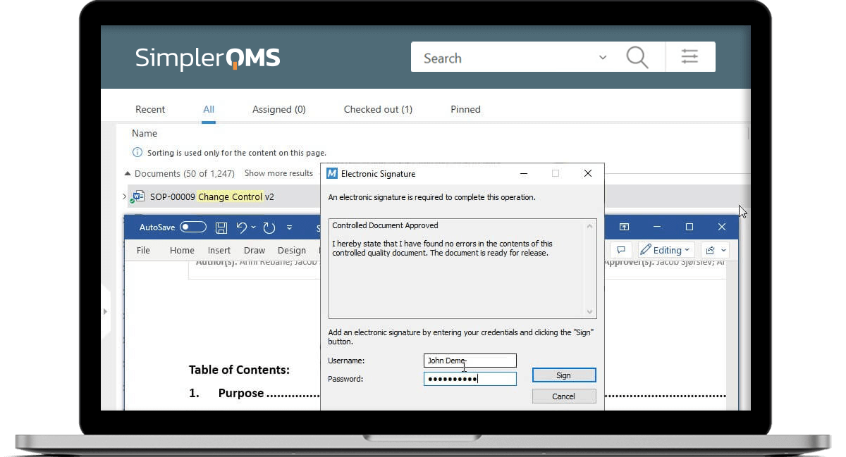 Signing Document in SimplerQMS Using a Laptop