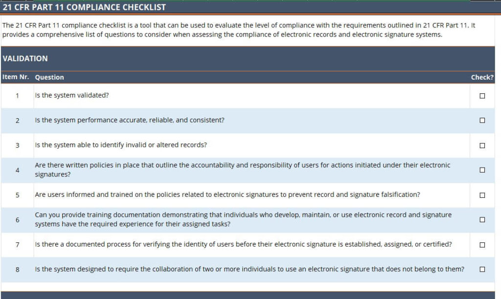 Preview of 21 CFR Part 11 Compliance Checklist in Excel Format