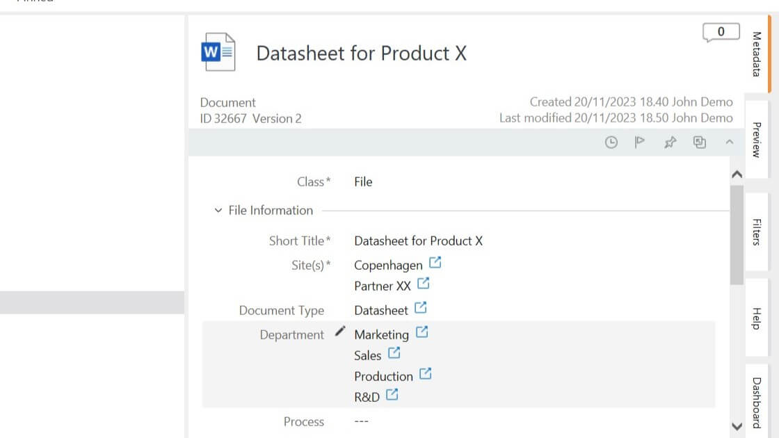 Product Datasheet Metadata - Departments